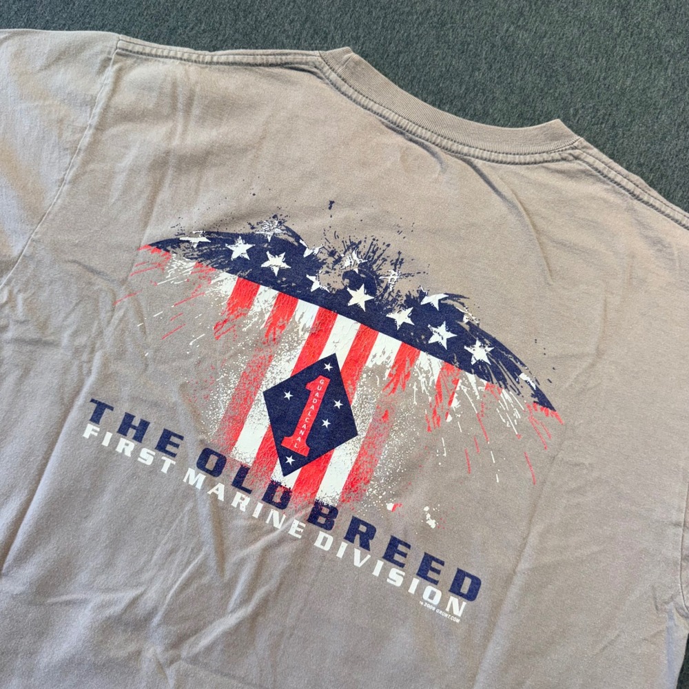 Hanes Beefy-T Mens Large 1st Marine Division The Old Breed T-Shirt Tan USMC